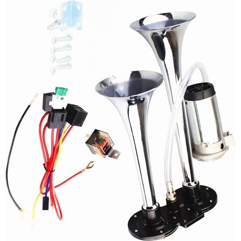 Klaxon de voiture 24V Car Horn 150db argent Klaxon à air chromé zinc double tube trompette haut-parleur de voiture klaxon électrique avec compresseur pompe à air pour 24V camion bateau moto etc (1/5)