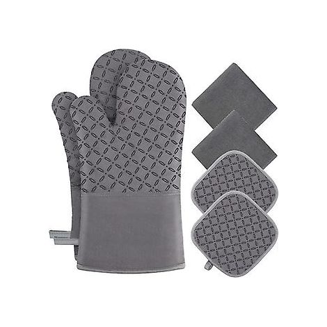 (Gris) Lot de 6 gants/maniques de cuisine - Résistants à la chaleur avec revêtement extérieur en silicone antidérapant : Cuisine - Pâtisserie - Barbecue (1/5)