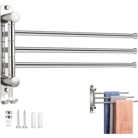 Porte-serviettes pivotant - Barre porte-serviettes - Avec 3 barres pivotantes à 180° - Porte-serviettes en acier inoxydable - Porte-serviettes mural - Porte-serviettes pliable pour salle de bain - Arg (1/5)
