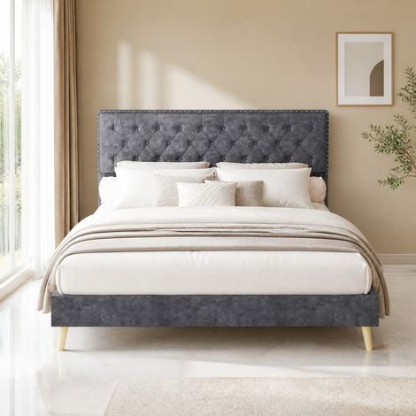 Lit 160x200 en velours gris avec tête de lit haute HAVRYA (1/5)