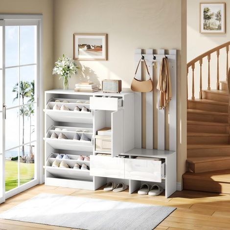 MODFU – Mobile ingresso 7-in-1 160x35x160 cm in MDF con panca, scarpiera e appendiabiti, 3 cassetti e carico 30 kg – Bianco (1/5)