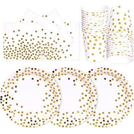 72 pièces, assiettes jetables or blanc, gobelets et serviettes en papier épais, vaisselle fête 24 invités, barbecue pique-nique anniversaire