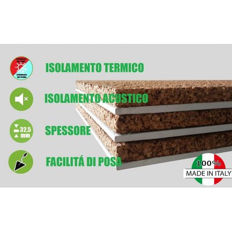 Pannello Accoppiato Cartongesso e Sughero Naturale per Isolamento Termico/Acustico- Spessore 32,5 mm - 120 X 50 cm - Italfrom