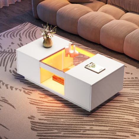 Table basse blanche – avec panneaux en verre, éclairage LED, contrôle par application, 2 tiroirs et 1 compartiment ouvert