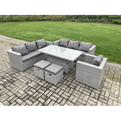 Fimous 9 Seater Outdoor PE Rattan Garden Funiture Set Height Adjustable Rising Lifting Table Sofa Dining Set with Armchair 2 Small Footstools (1/5)