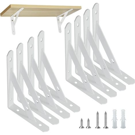 8 supports d'étagères Supports pour charges lourdes Angle de mur 90 degrés Support d'étagère en métal avec vis Support d'étagère en fer mural pour angle d'étagère (150×95mm),Blanc (1/5)