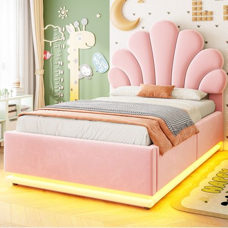 Cama infantil canapé 90x200 cm con almacenamiento hidráulico y LED, cabecero flor, estructura metálica, terciopelo - rosa (1/5)