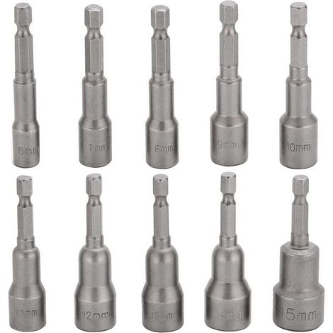 10 Pcs Embout Douille Visseuse à Choc 6-15mm Set Magnétique Hexagonale Douille Jeu de Embout Aimanté Perceuse Prise Hexagonale douille Set 1/4 Pouce pour Mandrin à Changement Rapide (1/4)