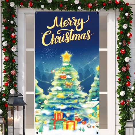 Décorations de Noël 2026 - Drapeaux, nœuds, décorations de Noël, rideaux de porte - 90 x 190 cm (taille élastique) - QL-21