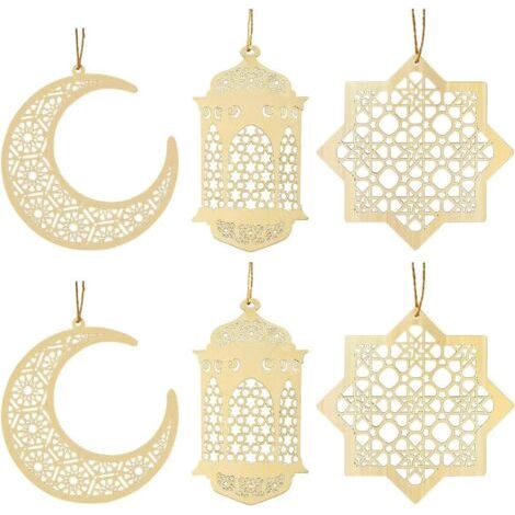 royaluxe-6 pièces en bois ornements Eid Al-Fitr, décorations Eid ornement bricolage avec pendentifs ornement vent lune pour musulman Eid Mubarak (1/4)