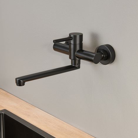 CECIPA MAX Grifo de cocina de acero inoxidable para montaje en pared, monomando con caño giratorio de 360° y aireador – Negro (1/5)