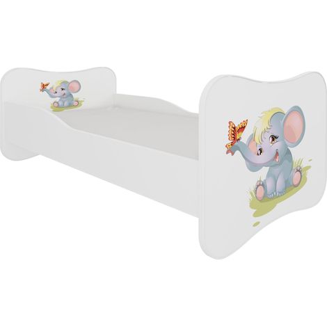 Lit enfant bois blanc imprimé éléphant 70x140 ou 80x160 - Sommier et matelas inclus - Ondula-80x160 (1/5)