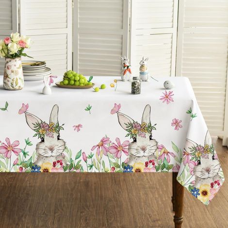 Nappe de Pâques motif lapin 140x200 cm, antitache, rectangulaire, blanc