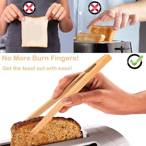 Set di 4 pinze da cucina in bambù, 18 cm, piccole pinze in legno per toast, cibi grigliati e pasticcini (1/5)