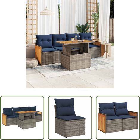 vidaXL Rattanmöbel - 5-tlg. Garten-Sofagarnitur mit Kissen Grau Poly Rattan Akazie (1/5)