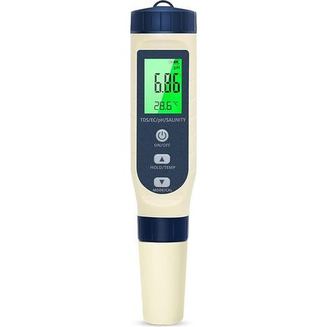 Multifunktionaler pH-Meter (pH/Salzgehalt/EC/TDS/Temp), 5-in-1 elektronischer pH-Meter mit automatischer Temperaturkompensation, Schwimmbad-pH-Tester geeignet für Trinkwasser, Hydroponik, SPA (1/4)