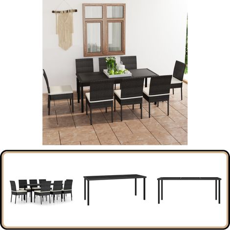 9-tlg. Garten-Essgruppe Poly Rattan Schwarz - Gartengruppe - Esstisch - Gartenstuhl - Outdoormöbel - Rattanmöbel