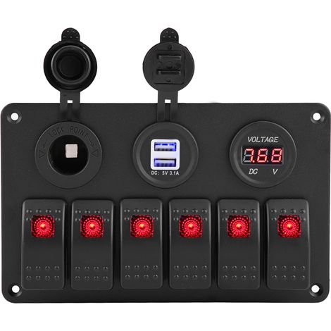 Panneau de commande à bascule LED 12V/24V à 6 positions pour automobile/marine avec double voltmètre USB et allume-cigare, rouge. (1/5)