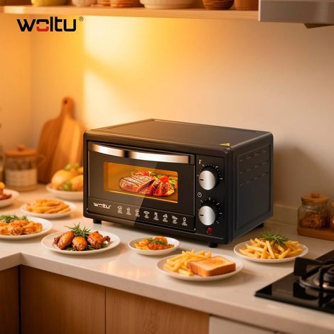 Mini Four Électrique 10L WOLTU, Petit Four à Pizza avec 4 Modes de Cuisson pour Gâteau, Poulet, Viande, Poisson, 100-230℃, Minuterie 0-60 Min, 650W, Noir