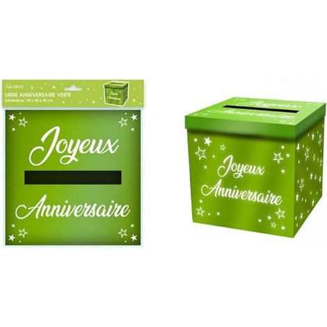 Urne - Joyeux anniversaire - Vert métallisé - 20x20x20cm - Carton - A monter - Cagnotte (1/2)