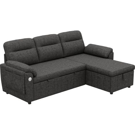 Sofá esquinero en L con chaise longue reversible, cama extraíble, chenilla gris (1/5)