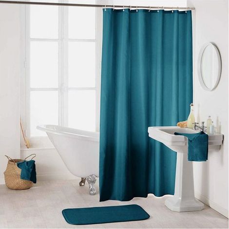 Rideau de douche en polyester uni avec crochets - L 200 x l 180 cm - Bleu pétrole (1/3)