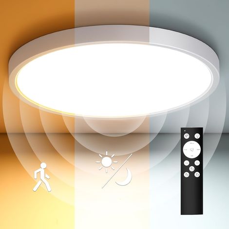 Lampe Detecteur de Mouvement Interieur, 28W 2800LM Luminaire Plafonnier Dimmable avec Télécommande, IP54 Plafonnier LED Salle de Bain pour Cuisine Chambre Couloir Cave Garage Balcon 30cm (1/5)