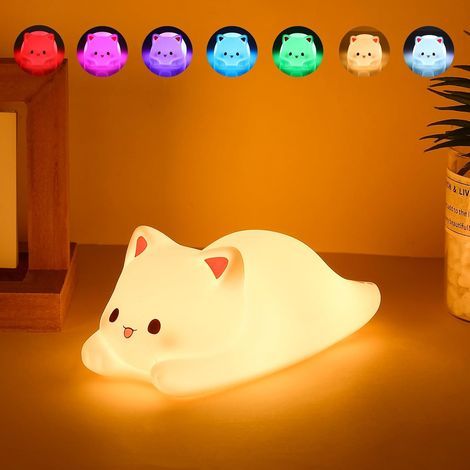 Children's Night Light, 7 Colors Cat Night Light, Baby Night Light Bedside Lamp with 1/3 Hour Timer, Kawaii Night Light for Bedroom Decoration, Gifts and Surprises for Boys and Girls (1/5)