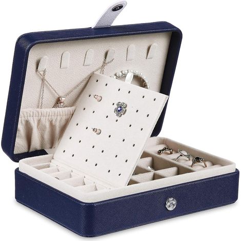Boîte à bijoux de voyage pour femme, en cuir PU, à 2 compartiments, pour colliers, boucles d'oreilles et bagues, noire. (1/5)