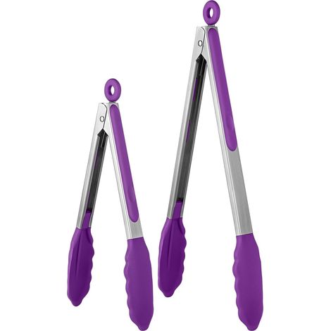 315℃ Ensemble de pinces de cuisson résistantes à la chaleur avec embouts en caoutchouc antiadhésif fermement scellés et poignée en acier inoxydable revêtue de silicone (23/30 cm, Violet) (1/5)
