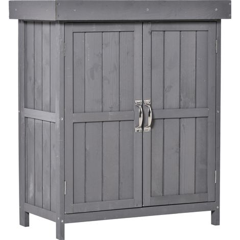 Armario de jardín de madera de abeto gris, doble puerta, 2 estantes, 74 x 43 x 88 cm (1/5)