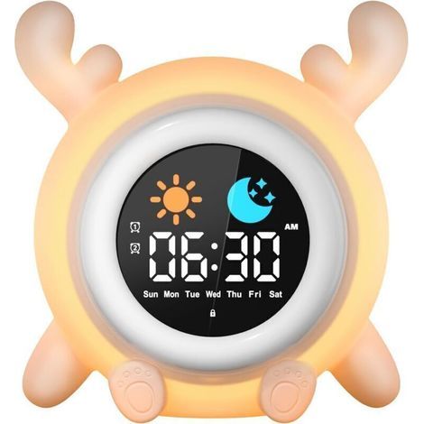 Réveil Enfant Educatif Jour/Nuit 2 Alarme/12/24 Heure/Snooze Luminosité de l'Ecran Réglable Réveil Lumineux 7 Couleurs Réveil (1/4)