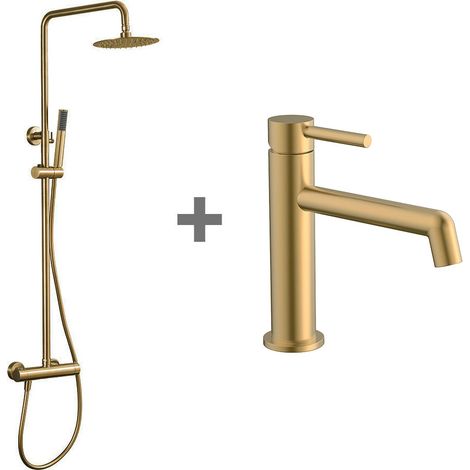 Kibath Pack columna y grifo Lavabo monomando ORO acabado oro cepillado fabricado en latón (1/5)