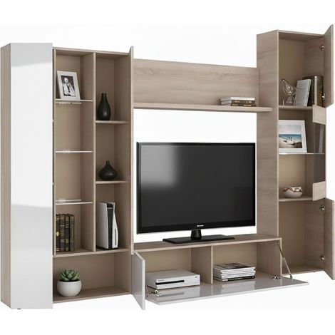 Dmora Einbaufertige Wand Raleigh, Modularer TV-Ständer für das Wohnzimmer, Komposition für Wohnzimmer mit Oberschränken und Vitrinen mit LED-Licht, cm 260x42h185, Eiche und Weiß (1/5)