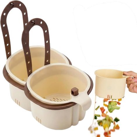 Lot de 2 paniers d'égouttage pliables 13 x 14,5 x 9 cm, tamis à suspendre au robinet avec fond à bouton-poussoir, pour évier de cuisine et porte-éponge, brun (1/5)