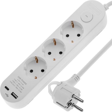 BeMatik - Multiprise avec 3 prises Schuko avec 1 port USB et 1 USB-C blanc et câble 1,5m (1/5)