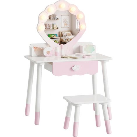 AIYAPLAY Kids Vanity Set with Chair, Acrylic Mirror, Lighted Bulbs, Pink (1/5)