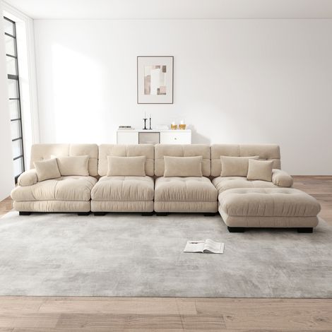 Sofá modular en L de chenilla beige claro con puf móvil, 4 plazas, OKWISH (1/5)