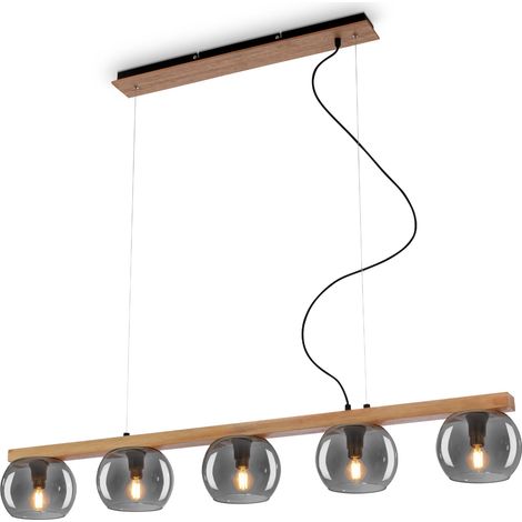Suspension à 5 pistons, verre fumé, plafonnier, lampe, abat-jour en verre fumé, suspension, lustre, lampe de chambre à coucher, bois noir (1/5)