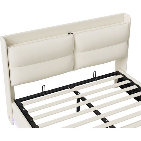 Pergar – Lit coffre 140x200 avec sommier – Tissu velours beige – Dossier moelleux – Recharge sans fil avec ports USB et Type-C – LED réglable