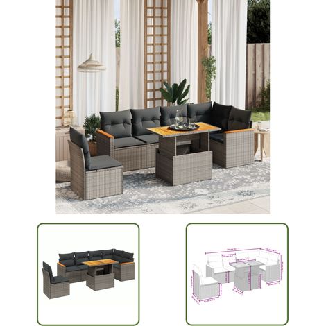 The Living Store 7-tlg. Garten-Sofagarnitur mit Kissen Grau Poly Rattan - Gartenmöbel Set - PE-Rattan Möbel - Outdoor Lounge - Terrassenmöbel - Sofasatz (1/3)