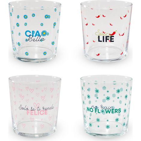 WD LifeStyle Set 4 Bicchieri in Vetro 300 Ml Decoro Scritte Colorate