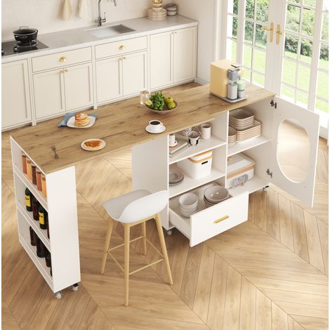 Isola cucina mobile 120-180 x 60 x 90 cm in MDF e metallo bianca con ripiani - CHICFURN (1/5)