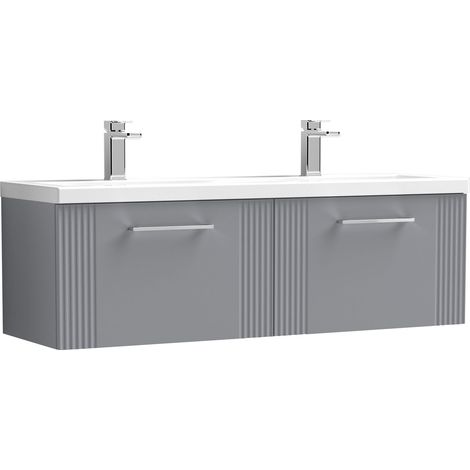 Belvide Partial Fluted 2 Drawer Wall Hung Vanity Unit with Double Ceramic Basin - 1200mm - Satin Grey (1/4)