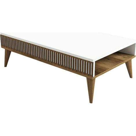 Dmora - Tavolino da salotto Atrani, Tavolo basso da caffè, Portariviste per divano, Ripiano da soggiorno, 105x60h35 cm, Noce e Bianco (1/4)