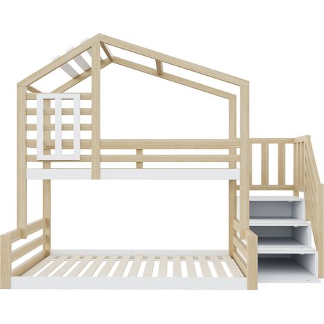 Letto a castello a casetta 90x200 cm in pino e MDF con scala contenitore naturale (1/5)