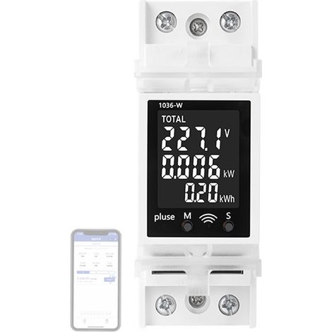 Disjoncteur pour montage sur rail DIN avec connexion Wi-Fi, voltmètre 85-265 V 63 A, ampèremètre et voltmètre numériques, avec fonction de mémorisation en cas de coupure de courant et écran LCD (1/5)