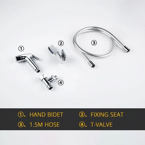 Kit bidet 4 pièces - 150 € : ensemble de douchette de bidet chromé, tube en caoutchouc, vanne d'arrêt en laiton, support de bidet facile à utiliser et douchette manuelle. (1/5)