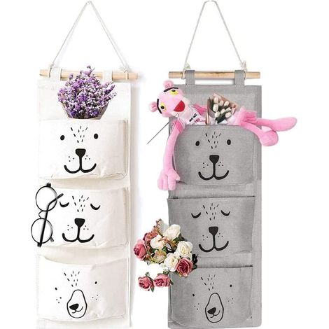 Sac De Rangement Suspendu - 2 Pièces - 3 Poches - Coton Lin Renforcé PE - Pour Télécommandes Clés Téléphones Socks - Gris Blanc (1/5)