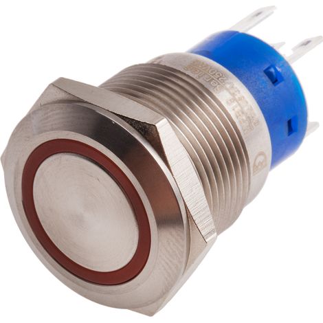 Bouton-poussoir, Momentané lumineux, LED Rouge, Unipolaire à deux directions (1RT), 5 A, Argent, Montage panneau 12V ( Prix pour 1 ) (1/2)